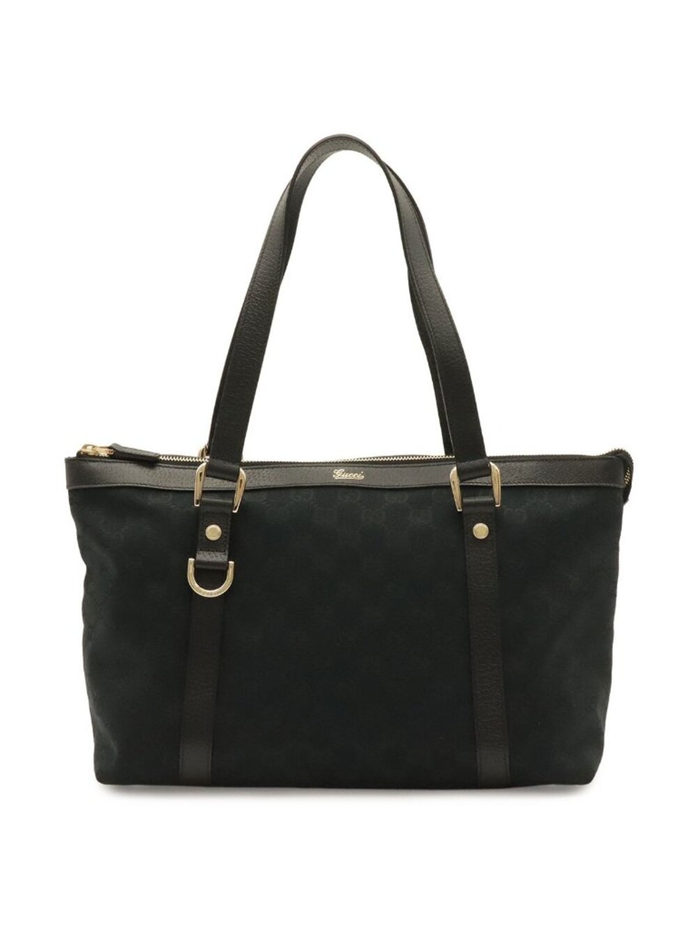 Gucci GG Canvas Abbey Shoulder Bag Tote Leather Black Gold